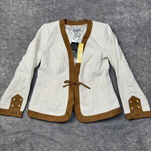 Bradley Bayou Blazer Jacket Womens Small Cream Brown Tie Linen Beachy QVC NEW